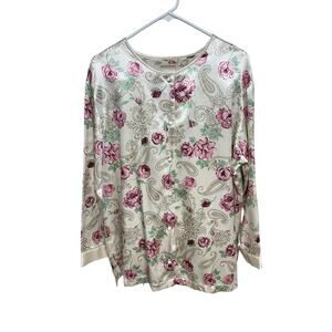 Amanda Stewart Cozy‎ Wear 2 Piece Cream Sateen Floral Pajamas Size Large EPC!